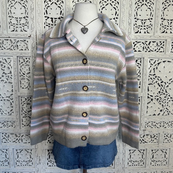 Pastel Thick Chunky Striped Button Up Grannycore Cottage Cardigan Sz Large - Picture 1 of 8